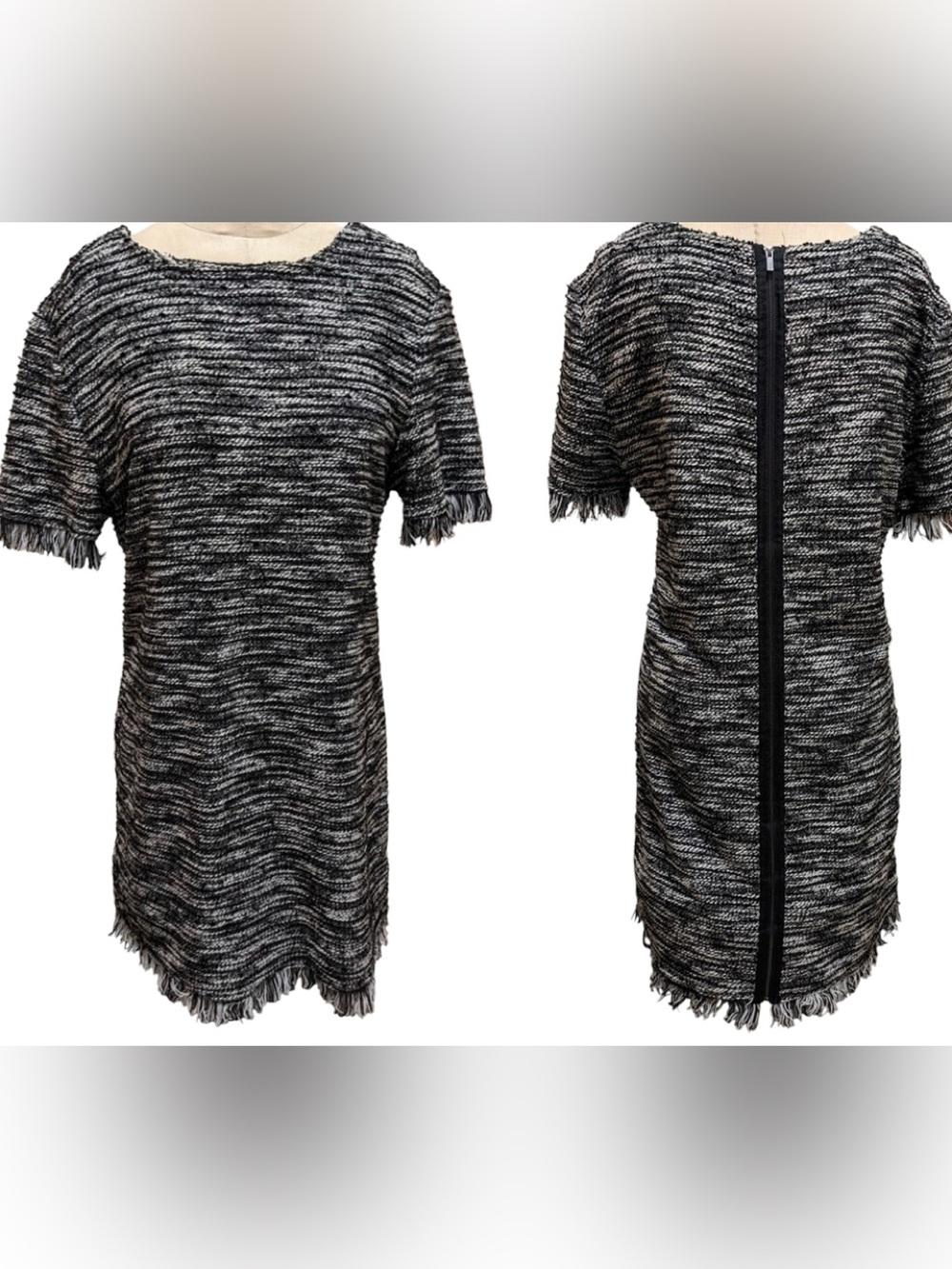 La Classe Couture Black White Woven Fringe Short Sleeves Back Zip Dress Size M